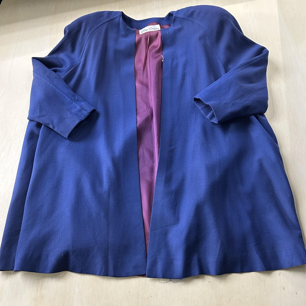 Vintage Oleg Cassini Coat Womens XL Blue Crepe Collarless Open Lined Mid Length